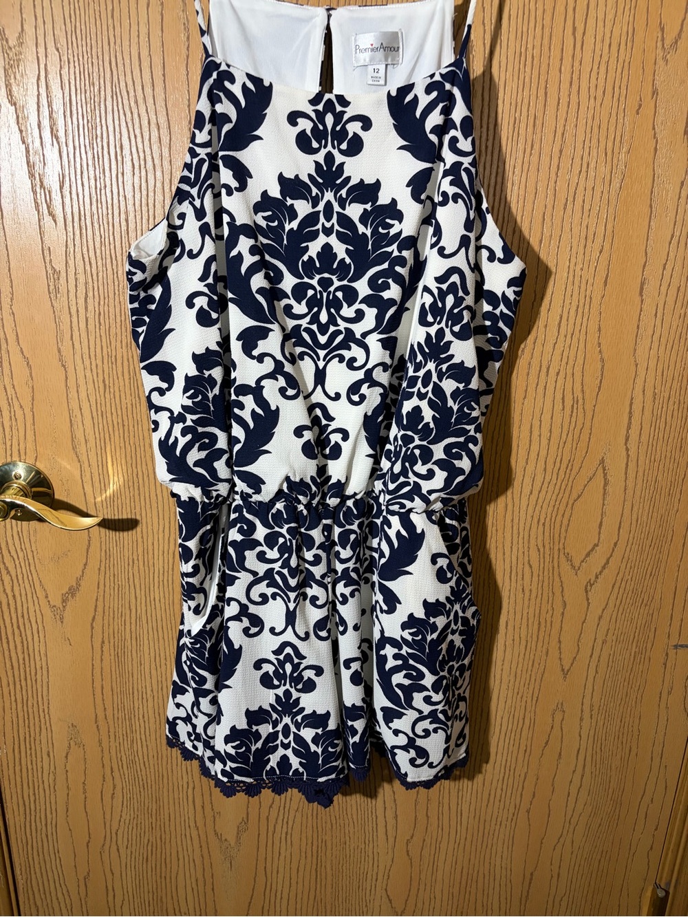 Premier White and Navy Damask Halter Mini Dress